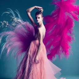 dress made out of feathers, sequins and tulle, stunning colors, chiaroscuro, fashion photography, vogue, dramatic, beautiful lighting, delicate composition, aesthetic, ballerina, ballgown