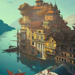 Como lake+detailed facades+Book illustration by Gediminas Pranckevičius,Jean Baptiste Monge,Brian Kesinger,Anton fadeev,Kilian Eng,strong lines,high contrast vibrant colors,highly detailed,16k resolution,trending on behance