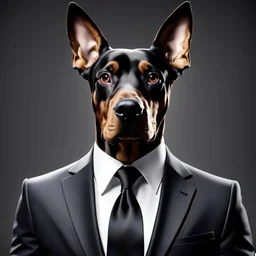 Hombre con bigote traje y corbata, con orejas de perro Doberman, calidad ultra, hiperdetallado