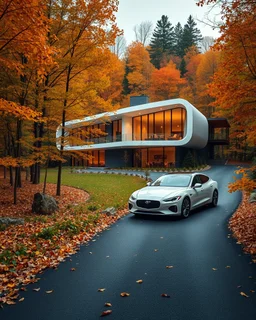 Cozy retreat, futuristic modern house in an autumn forest of vibrant colors. Contemporary design, clean lines and large windows, radiate a feeling of warmth and comfort. A white car parked on the winding road that leads to the house gives a touch of modernity to the rustic surroundings. The path is scattered with leaves. Around the house, mix of green, orange and yellow foliage. 8k