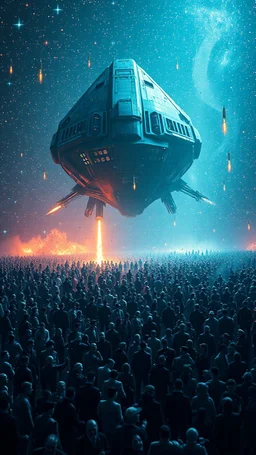 A field of random people in a bright lighting , at the end of the picture a huge complicated details texture of a blue dark colorful aliens spaceship , lot of rockets and falling stars filling the picture