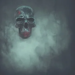 abstract photographic camera mixed with skull in dirty style. fog and smoke in atmosphere. bokeh, lens flare. Dark mood. Dripping paint. oil on canvas, mixed media, high detailed.