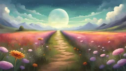 illustration {a scene showing a path leading away from the viewer in a field of flowers} digital art, semi-realistic, fantasy, dreamscape