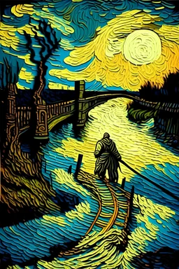 Make an image in Van Gogh style of Lord Ram's river crossing