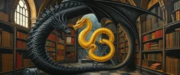 master oil painting by Escher and Giger, black dragon and hidden golden dragon inside library