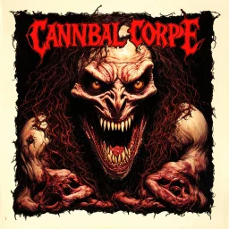 Chaos horrific, Carnivorous attack, Apocalyptic plight, Grotesque morbid threat, style by Arturo Souto, by Dave MCKean, unbalanced, offset, non-symmetrical surreal horror, genetic abrogation abomination, text "Cannibal Corpse" album cover aesthetic in a death metal font