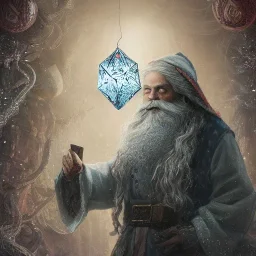 Insanely detailed photograph of an “D&D cleric santa holding glowing D20” with intricate detailed beard, intricate embroidered clothing, hyperdetailed painting by Ismail Inceoglu Huang Guangjian and Dan Witz CGSociety ZBrush Central fantasy art album cover art,8K, hdr, mysterious, ominous, snowflakes,jolly