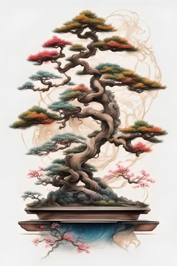 Colorfull Chinese Bonsai tattoo design , classic chinese art style, white background, golden ratio