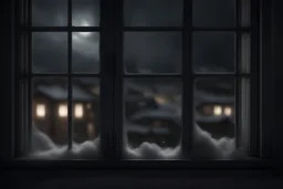 A view from a window covered in hailstones with a dark stormy sky in the background, night time, dramatic lighting, detailed, hyper-realistic, photorealistic, unreal render, cgsociety, 8k, in the style of studio Ghibli --ar 16:9