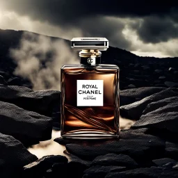 social media ad post for Chanel brand royal perfume .steam in the background. dramatic on rock c,8k high cualitcy