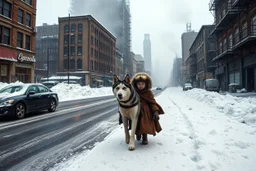 long shot panoramic of desolate post-apocalyptic street in an empty destroyed crumbling smoking city, post-apocalyptic winter dystopia, large husky dog walking down middle of snow-covered street beside a little girl dressed in steampunk snow goggles, head-wrapping, and heavy robes; winter, freezing, massive snow drifts, snow and ice particles, dramatic