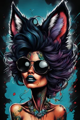 highly detailed full color, caricature concept illustration of a seductive female Black Fox rock singer , maximalist, sharp focus, highest resolution, in the styles of Ralph Steadman, Alex Pardee, Denis Forkas , and Masahiro Ito, boldly inked, 8k, coarse, gritty textures