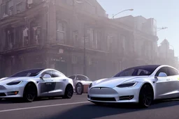 A Tesla 'Model Y' is drifting at high speeds, on the streets of San Francisco. (CINEMATIC, WIDE ANGLE LENS, PHOTO REAL)