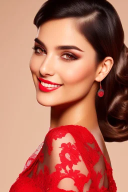 full body shot of young, beautiful Ozbek brunette with a perfect happy face with make up, wearing red lace off shoulder dress, in a dance club, hands on her hips