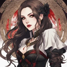 A portrait headshot of a confident looking young woman with pale skin and long brown hair in a dark fantasy setting with intricate details. She is wearing black and read leather, has blood-red eyes, an air of malevolent power surrounds her. mage. Anime style. High definition.