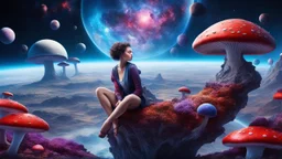 beautiful women sitting withoutt bro, on blue, red, purple mushroom in space, planets at the back ground, space ships, hyper realistic.