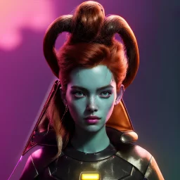 Pretty cyber woman, redhair, sci-fi, rounded face, black, gold, brown, samurai style, simetric, neon style, a lot of led lights, fog, rain, leather coat, vibrant color, highly detailed, art stations, concept art, smooth, unreal engine 5, god rays, ray tracing, RTX, lumen lighting, ultra detail, volumetric lighting, 3d, finely drawn, high definition, high resolution.