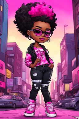 create an pop punk illustration of a chibi cartoon voluptuous black female. Wearing a tye dye blouse and tight black jeans with hot pink Nike sneakers. Prominent make up with hazel eyes and she is wearing pink glasses. Extremely Highly detail of a very low platinum shiny black pixie haircut. Background of a busy city street. 2k