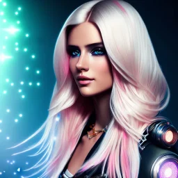 A beautiful portrait of a cute smiling cyberpunk woman, long blond hair, high key lighting, volumetric light high details with white stripes and feathers and pink celtic paterns and luminous glasses in a starry background