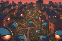 nighttime suburban street filled with eyes imbedded in the flora and architecture, surreal fantasy suburban universe of many surreal eyeballs, pet-like creatures that are eyeballs, surreal hyper surveillance eyeball alternate reality, hypersurrealism, by Simon Stalenhag, by Alexander Jansson, primary colors, intricate details, natural lighting, magical realism, unreal engine 5, eyeball weirdland.