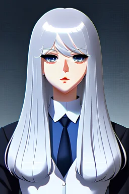 Beautiful 22-year-old Russian girl with white hair and dark blue eyes wearing navy blue business suit, ultra realistic 2d anime style, 85mm photo