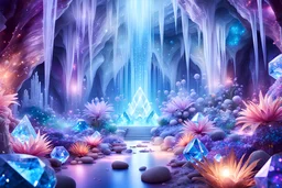a beautiful photo of a magic futuristic hyper realistic landscape real crystal cavern with planets, ametist,quarz, lights and beautiful blue crystal , diamonds, glitter smalls and littles stars, white and glitter flowers, and stars in the fantasy cosmos,4k, ultra details, real image with intricated details