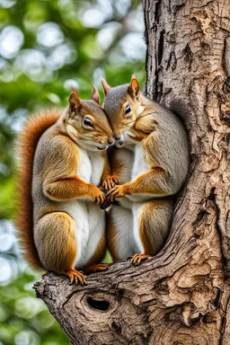 a pair of squirrels in love sleeping snuggling together in a big tree