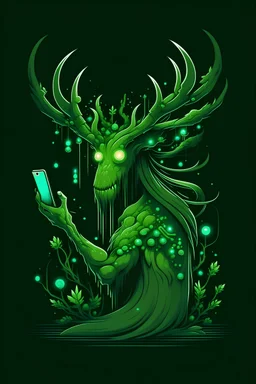 an antlered monster held back the green shine of phone screens