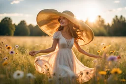 pohoto from a young woman, elegantly adorned in a big summer hat and a summer dress stands in the center of a vast field. Her face happy, a gentle smile playing on her lips as she feels the warm embrace of the sunshine and the tender kiss of a soft summer breeze. The meadow is a canvas of harmony with a dazzling array of wildflowers that dance and sway in the little wind. The blue sky and sunshine, high reality, detalied, photoreal, stunning