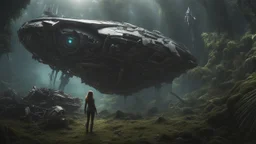 Wide-angle, woman with straight hair, dressed like a robot, with equipment in her hands, next to a crashed spaceship, in a clearing on an alien jungle world