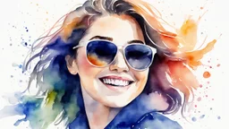 Watercolor happy woman sunglasses portrait head and shoulders