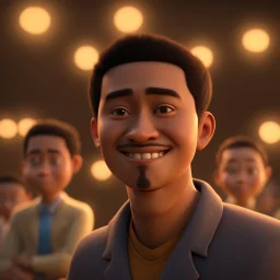 a portrait of smiling man. indonesian. carricature. black hair. short hair. brown skin. black eye pupils. round face shape. a bit small goatee & moustache. semi formal dress. pixar style. 3D. 4k. portrait. highly detailed. sharp focus. high resolution. full color. cinema lighting