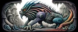 colorful pen and airbrush of twisted rock and jungle monster breed animal as fantasy art in the style of giger and escher
