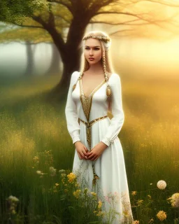 young elf woman, countryside, blonde braids, trees, fields, magic, motif, white dress, cinematic, forrest, happy, 3d art, alfons mucha, photography, smile