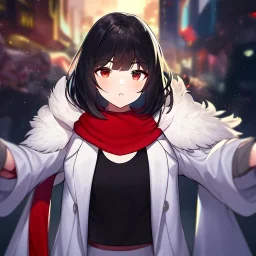 Clear focus, High resolution, rough line skecth, a anime kid, wearing a white coat with a red scarf, basic, wearing a black sleeveless crop top, black hair medium fluffy cut, streak of red on both sides of the hair