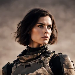 beautiful sexy caucasian female soldier, black metal body and limbs, visible cybernetic limbs, scratched sand camo, no armor, short brunette wavy bob haircut, dystopian, desert scene