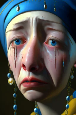 Portrait Painting Of A Very Beautiful Woman, crying eyes, Girl with a Pearl Earring, 30 years old, Awesome Pose, turning her head., Tears in his eyes, Character Design By Mark Ryden And Pixar And Hayao Miyazaki, Unreal 5, Daz, Hyperrealistic, Octane Render, Dynamic Lighting, Volumetric lighting, Intricate Detail, Summer Vibrancy, Cinematic