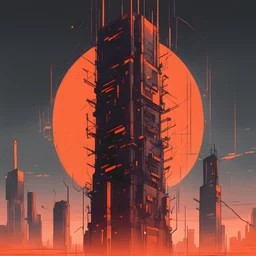 The tall tower with network cyberpunk comics style, minimalism in orange