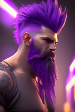 photorealistic, hyperdetailed painting, luminism, Bar lighting, complex, purple mohawk, 4k resolution concept art, Artgerm, WLOP, Alphonse Mucha, 3d render, octane render, intricately detailed, cinematic, awesome full color, hand drawn, dark, gritty, cinematic, purple beard, wyvern