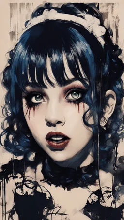 Poster in two gradually, a one side malevolent goth vampire girl face and other side the Singer Melanie Martinez face, full body, painting by Yoji Shinkawa, darkblue and sepia tones,