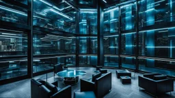 medium shot photo from high-tech futuristic office building, glass and metalic walls, tall, cyberpunk, blue, and dark colors, cold colors, high detalied, shapr focus, sci-fi mood