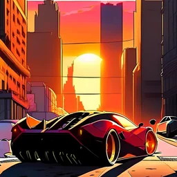 vampire city street morning sun is rising and starting to appear above sky scrapers cartoon, street tarmac is one whole piece and a black ferrari with exact detail as enzo ferrari is on the street and exhaust coming from the rear