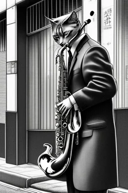 One single mature cat playing saxophone on the street, Osaka, thoughtful, mourning, model style, hyper realistic, extremely accurate, delicate, extremely detailed, Graphic novel style, wide-angle, open aperture, superfine pencil