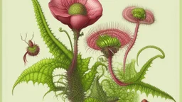Pintura de una planta carnívora Dionaea muscipula con una mosca → Microcosmos → Laboratorio botánico retro → Estética de ilustración científica del siglo XIX → Precisión anatómica y claridad descriptiva → Grabado coloreado con acuarela → Composición centrada, casi heráldica → Luz de examen, focalizada y blanca → Verde pálido, rosa translúcido y negro denso → Rigor analítico y tensión biológica → Paleta limitada y descriptiva → Figurativo hiperrealista → Detalle microscópico en los cilios margina