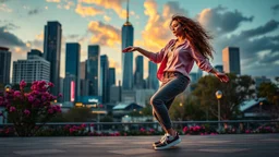 beautiful lady with makeup in pants and pretty shirt curvy long hair sport shoes dancing in a open stage in a modern city cnter,modern city escape at dintant ,flowers and trees ,pretty clouds, golden hour