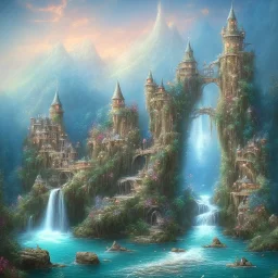 butterflies, turquoise river, waterfalls, fairy castle