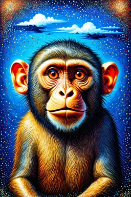 chaos monkey; lowbrow surrealism with stylistic pointillism and a Post-Impressionistic sky