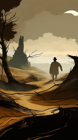 A man, a teacher, walks away through a barren, dry field along a dusty road. The scene is enveloped in mist and fog, with leafless trees lining the path. The sky is ominously dark from an approaching storm. The composition is captured from a ground-level perspective, inspired by the styles of Adrian Ghenie and Lucian Freud. The color palette includes shades of grey, black, brown, and ochre, emphasizing a moody, somber atmosphere. The man’s figure should appear introspective and slightly obscured