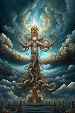 portrait of a cross with octopus arms outstretched up towards heaven, hair standing straight up, fluffy clouds,white pupils, elaborate cape, angels and demons, fireflies , staircase with closed gates of heaven, 4 k, down light, depth of field, trending on art station, high detail, cracked ground