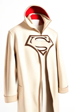 Men's Superman's Zara coat Winter elegant inspired by Superman's emblem design beige tones with dual color on a white background, product catalog photography, soft spot lighting, depth of field, 4k –ar 3:5 –q 2